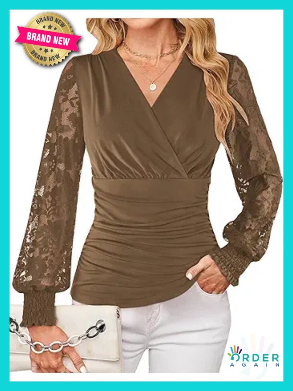 Womens Lace Sleeve Wrap Ruched Blouse Dressy Casual Tunic Top